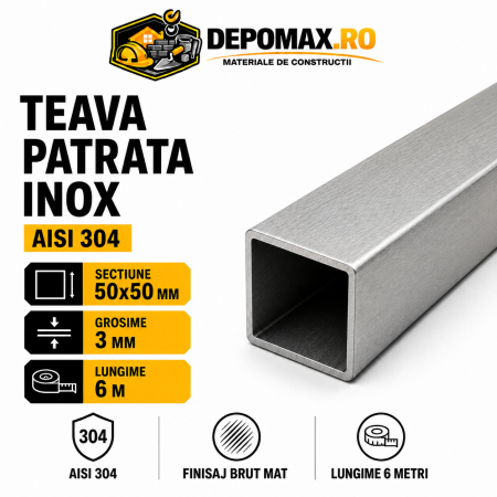 Teava patrata inox AISI 304, 50 x 50 x 3 mm, 6 metri